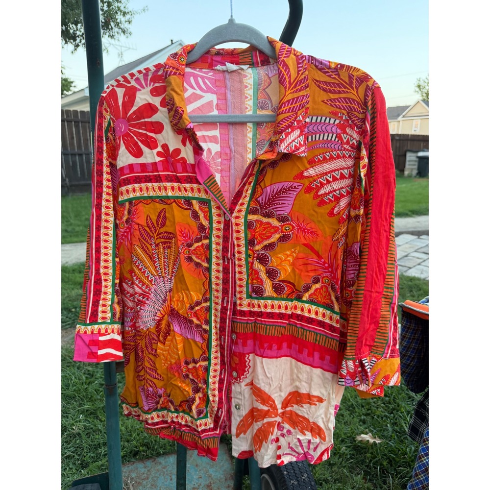 Christian Siriano New York Mixed Tropical Patchwork Blouse Orange Pink Red 2X